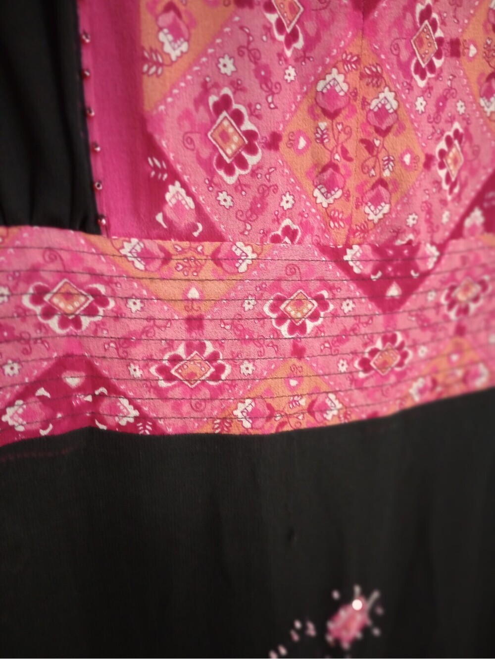 Vtg Y2K ICE Silk Dress Boho Chic Dress Beaded Fuscia Pink Black Lined Sz 8 - Picture 5 of 9